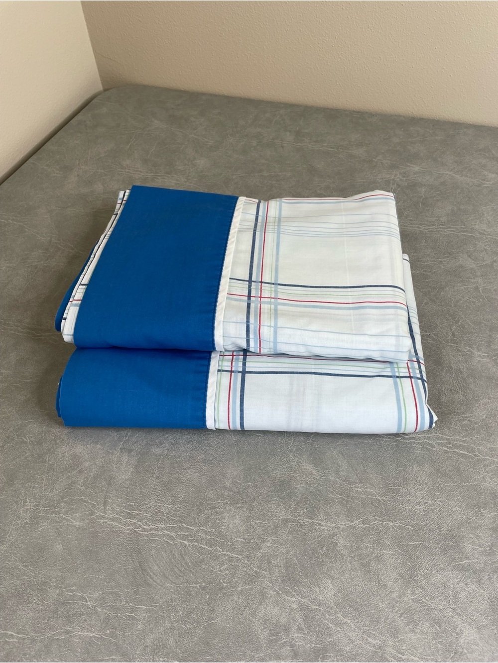 Vintage 80s Percale Blue and White Plaid Twin XL 2 Flat Sheet Set